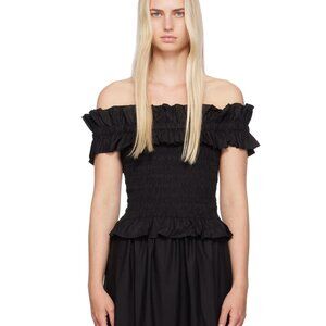 Ganni Black Off-Shoulder Ruffle Smocked Top